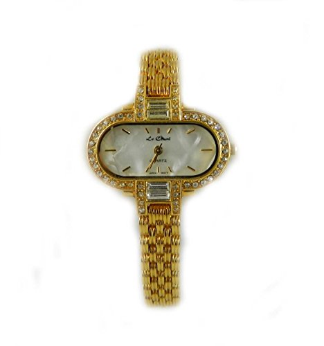Le Chat Spezial Gold Ton Kristall Oval Set Runde und Baguette Steine Armband Armbanduhr