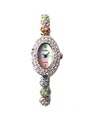 Silber Ton Multi Klar Crystal Set Fall und Armband Echte Mutter von Pearl Zifferblatt Armbanduhr by Le Chat New Box