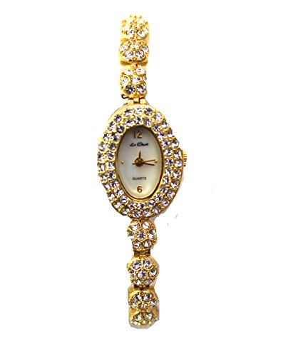 Gold ton klar Crystal Set Fall und Armband Echte Mutter von Pearl Zifferblatt Armbanduhr by Le Chat New Box