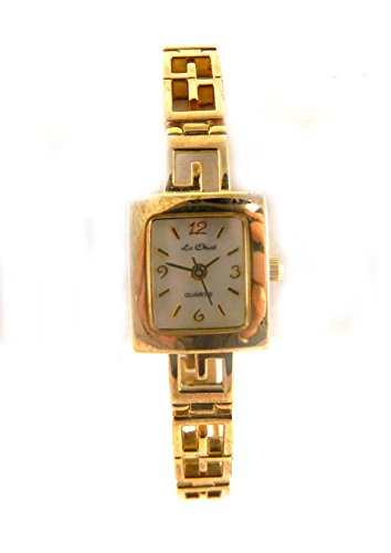 Elegante slim Gold Ton Grecian Schluessel Design echte Mutter von Pearl Zifferblatt Armband Armbanduhr