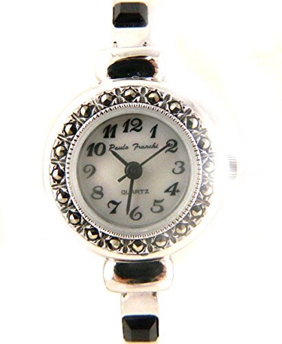 Zarte echtem Markasit Silber Ton Jet Crystal Set Armband Uhr echt Perlmutt Zifferblatt New Box