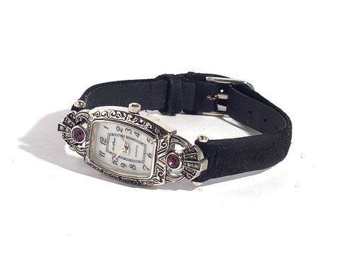 Vintage Deco Style Amethyst Kristall Set Antik Silber Ton Fall Markasit Armbanduhr