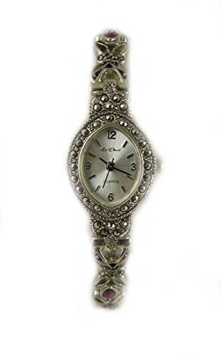 Vintage Deco Look Antik Silber Ton echtem Markasit und Amethyst Kristall Armband Armbanduhr
