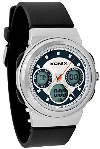 Kleine sportliche Armbanduhr fuer Jungen XONIX WR100m Armbanduhrenfarbe schwarz silber