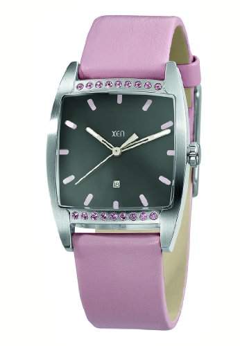 XEN Damen Armbanduhr mit 18 Swarovski Steinen in rosa und Lederarmband XQ0233