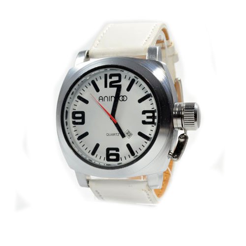 XXL Herenuhr Armbanduhr von Animoo in Weiss Silber mit Datumsanzeige Lederarmband Trend Uhr fuer Herren