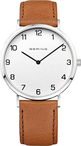 Bering Armbanduhr Herrenuhr Quarz Uhr - Classic - Analoge Uhr mit braunem Lederarmband und weissem Zifferblatt - Saphirglas - 30m3atm - 13940-504