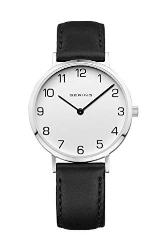 Bering Armbanduhr Damenuhr Quarz Uhr - Classic - Analoge Uhr mit schwarzem Lederarmband und weissem Zifferblatt - Saphirglas - 30m3atm - 13934-404