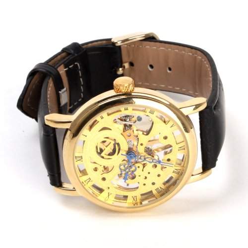 YESURPRISE Handaufzug mechanische Uhr Armbanduhr Skelett Leder schwarz gold
