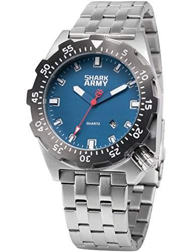 SHARK ARMY Herren Armbanduhr Wasserdicht Analog Quarz Edelstahl Armband Datum Anzeige mit Eisen Box SAW188