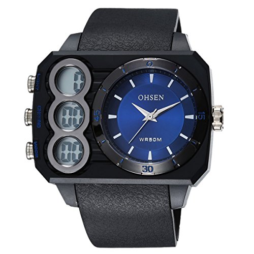 OHSEN Cool Herren Damen Sports Armbanduhr Wasserdicht Analog Digital Outdoors Dual Anzeige Uhr mit LED Beleuchtung Chronograph Schwarz Blau