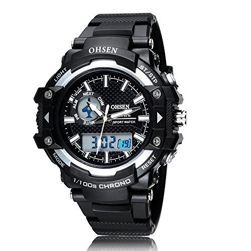 OHSEN Sportuhren Herren Sport Analog Digital Dual Time LED Wasserdicht Quarz Uhren multifunction black
