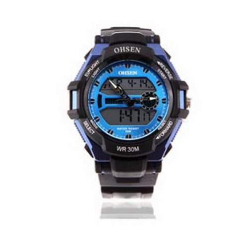 OHSEN YI-AD1302-3 Stilvoller LCD-Datum Tag Alarm Analog Herren Digital-Gummi Sport-Armbanduhr Blau