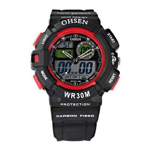 OHSEN YI-AD1201-4 LCD Stoppuhr Datum Tag Rubber Dual Core Mens Sport Watch Rot
