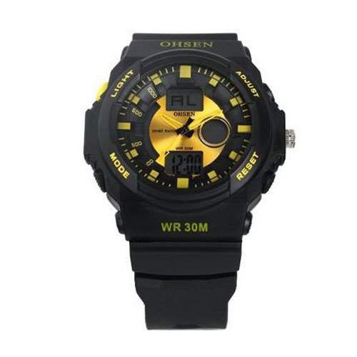 OHSEN YI-AD1216-5 LCD Stoppuhr Datum Tag Dual Core Herren-Sport-Armbanduhr Gelb