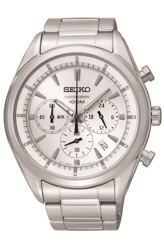 Seiko SSB085P1 Armbanduhr Quarz Chronograph Weisses Ziffernblatt Armband Stahl Grau