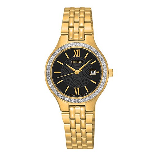 Seiko sur754 Damen Edelstahl Gold Armband Band Schwarz Zifferblatt Armbanduhr