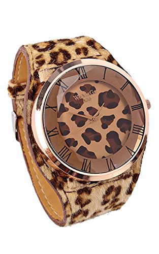 WoMaGe Damen Leopard Musterdruck Kunstleder Buegel Armbanduhr Dunkelbraun