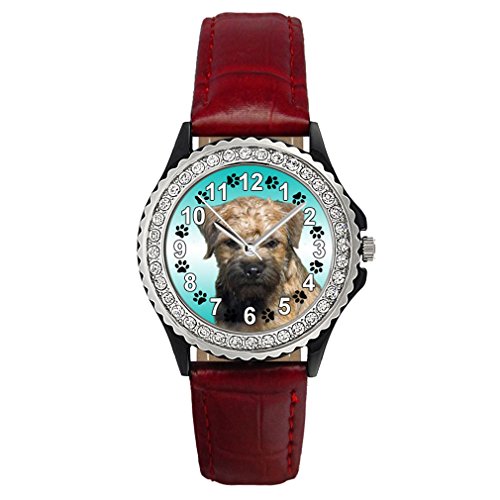 Border Terrier Strass mit Lederarmband in rot