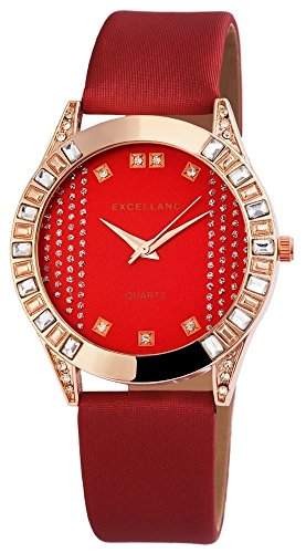 Modische Damenuhr Rot Gold Analog Metall Leder Armbanduhr Strass Quarz Uhr