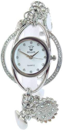 Bellos Damenuhr Weiss Silber Analog Metall Strass Herz Schluessel Armbanduhr Quarz Uhr