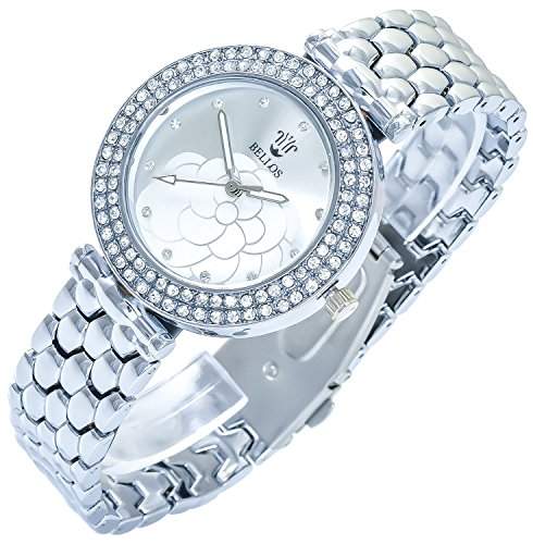 Bellos Damenuhr Silber Analog Metall Blume Strass Armbanduhr Quarz Uhr