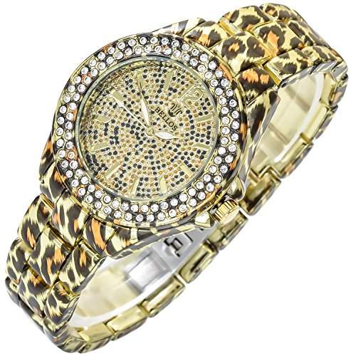 Bellos Damenuhr Bronze Analog Metall Leopard Strass Armbanduhr Quarz Uhr