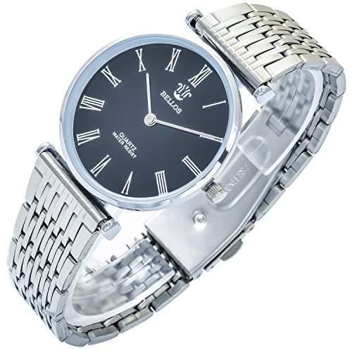 Bellos Damenuhr Herrenuhr Schwarz Silber Analog Metall Armbanduhr Quarz Uhr