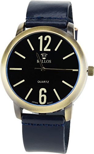 BELLOS schwarz Quarz Stahl Analog Display Typ stilvoll Sport Modus Armband blau Leder