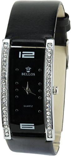 BELLOS schwarz Quarz Stahl Rechteck Analog Display Typ stilvoll Sport Modus Armband schwarz Kunstleder