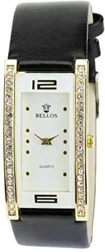 BELLOS weiss Gold Quarz Stahl Rechteck Analog Display Typ stilvoll Sport Modus Armband schwarz Kunstleder