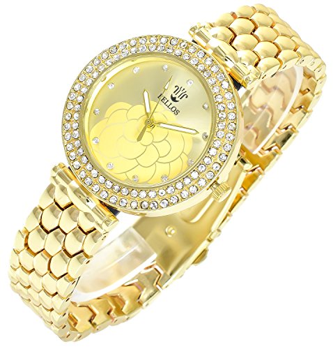 Bellos Gold Analog Metall Blume Strass Armbanduhr Quarz Uhr