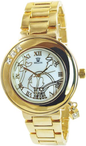 Bellos Weiss Gold Analog Metall Strass Armbanduhr Blume Quarz Uhr