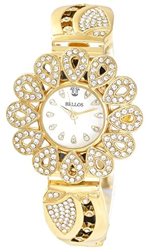 Bellos Silber Gold Analog Metall Strass Blume Sonne Blumenuhr Armbanduhr Quarz Uhr
