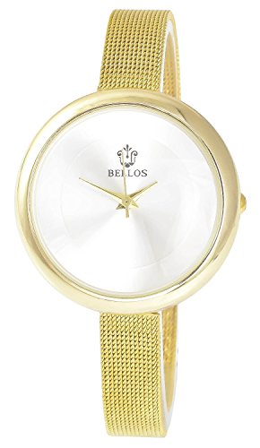 Bellos Silber Gold Analog Metall Meschband Armbanduhr Quarz Uhr