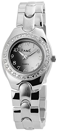 Elegante Schwarz Silber Strass Metall Armbanduhr Modeuhr Quarz Uhr