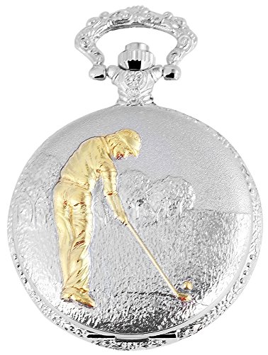 Elegante Taschenuhr Weiss Silber Gold Golfer Golfspieler Analog Quarz