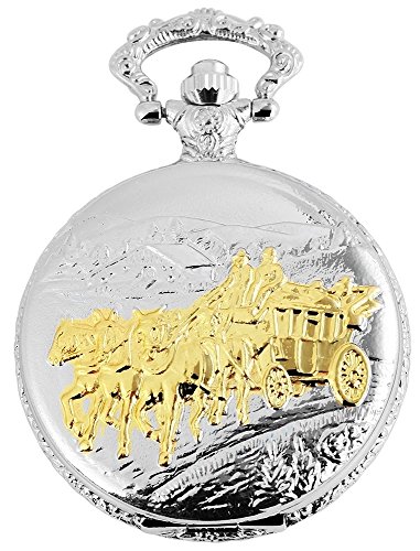Elegante Taschenuhr Weiss Gold Silber Kutsche Pferde Analog Quarz