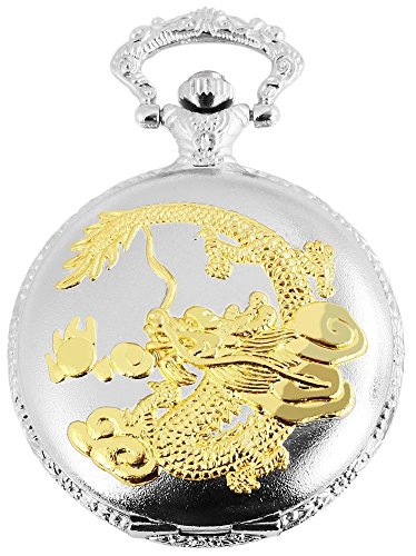 Elegante Taschenuhr Weiss Silber Gold Metall Analog Drache Quarz