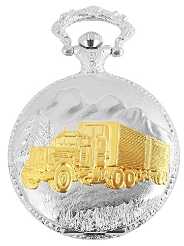 Elegante Taschenuhr Weiss Silber Gold Metall Analog Truck LKW Quarz