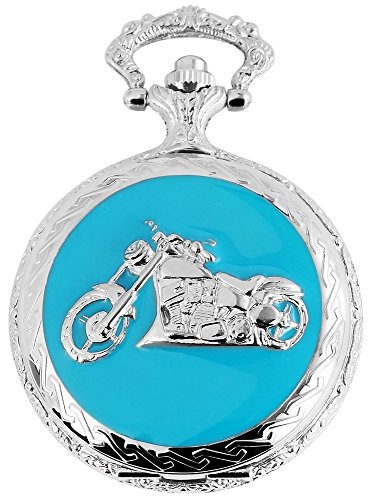 Elegante Taschenuhr Weiss Blau Silber Motorrad Bike Analog Quarz