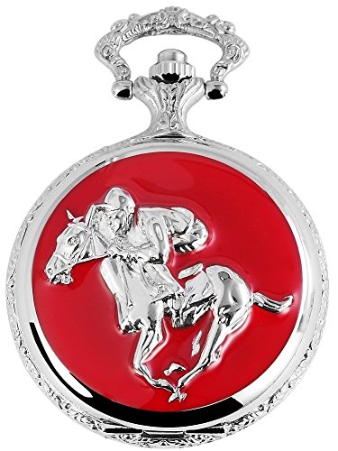 Elegante Taschenuhr Weiss Rot Silber Reiter Pferd Metall Analog Quarz