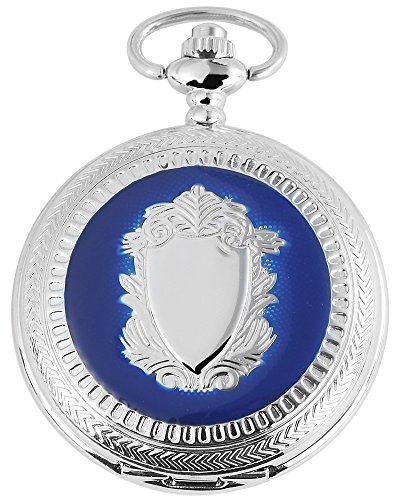 Elegante Taschenuhr Blau Weiss Silber Wappen Metall Analog Quarz