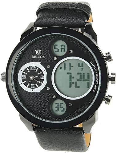 BELLOS schwarz Quarz Datum Gehaeuse Stahl Analog Display Typ Digital Alarm Chronometer Zwei ZeitzonenSport Armband Leder schwarz