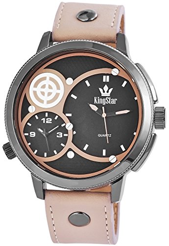 XXL Dual Timer Schwarz Grau Titan Look Analog Leder Armbanduhr Quarz 2 Zeitzonen Uhr
