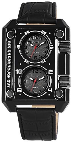 Dual Timer Schwarz Analog Leder Armbanduhr Quarz 2 Zeitzonen Uhr