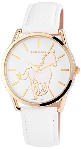 Modische Weiss Gold Analog Metall Leder Pferd Armbanduhr Quarz Horse Uhr