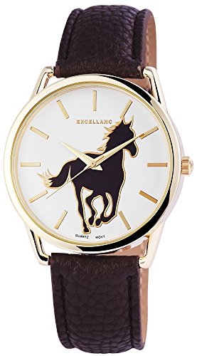 Modische Weiss Gold Braun Analog Metall Leder Pferd Armbanduhr Quarz Horse Uhr