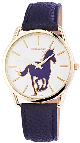Modische Weiss Gold Blau Analog Metall Leder Pferd Armbanduhr Quarz Horse Uhr