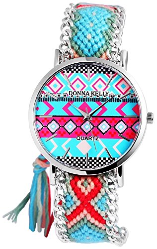 Modische Blau Pink Rot Indian Shine Analog Metall Textil Armbanduhr Quarz Uhr